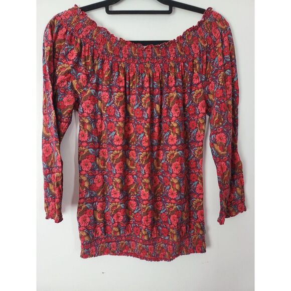 Lucky Brand Long Sleeve Top Small Womens Boat Neck Red Floral Print Pullover - Picture 7 of 8